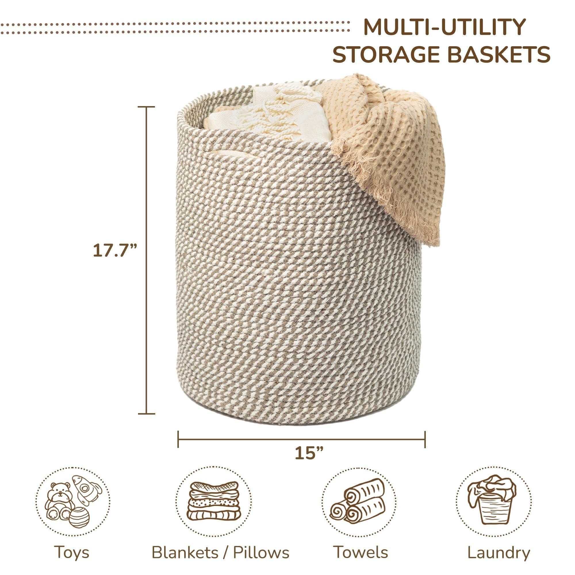Recycled Cotton Laundry Basket - Woven Rope White Gray Mélange - BagNook