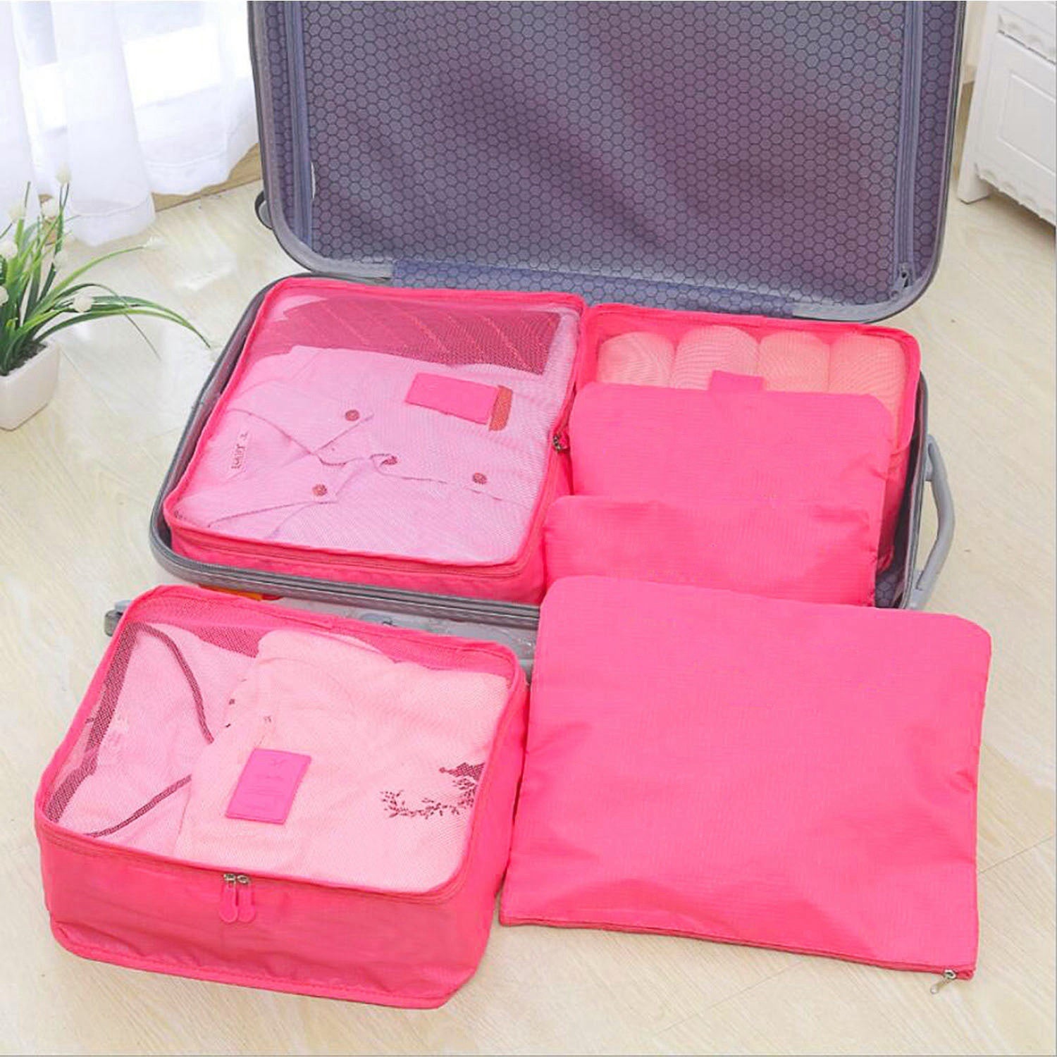 (hot pink)9pc Travel Luggage Organizer - BagNook