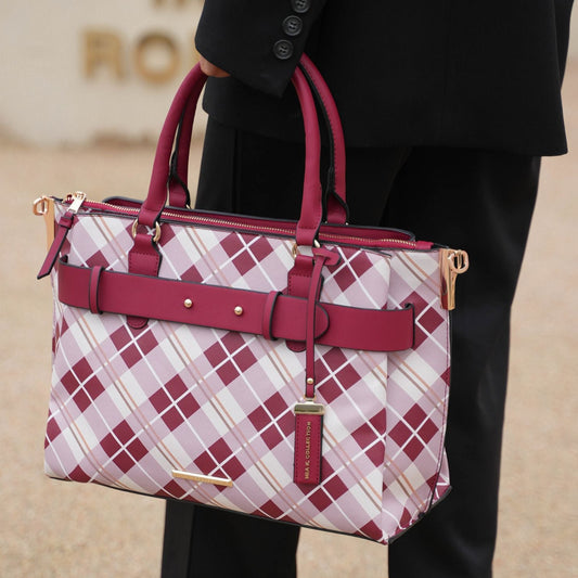 (red)Coleen Vegan Leather Women Plaid Satchel Bag by Mia k - BagNook