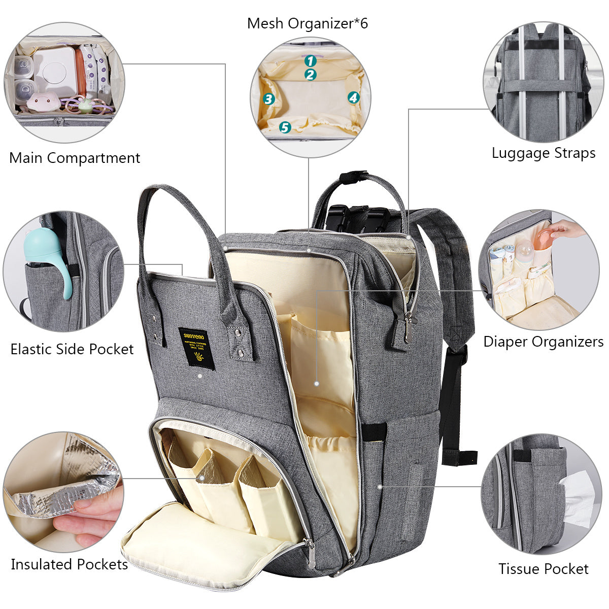 (gray)Sunveno Diaper Bag Backpack - BagNook