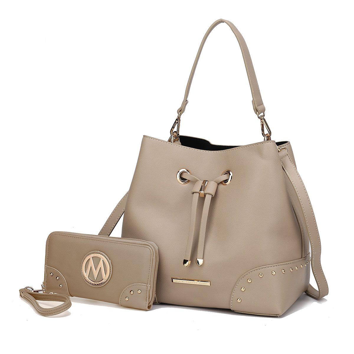 (beige)Callie Solid Bucket Bag with Matching Wallet by Mia K - BagNook