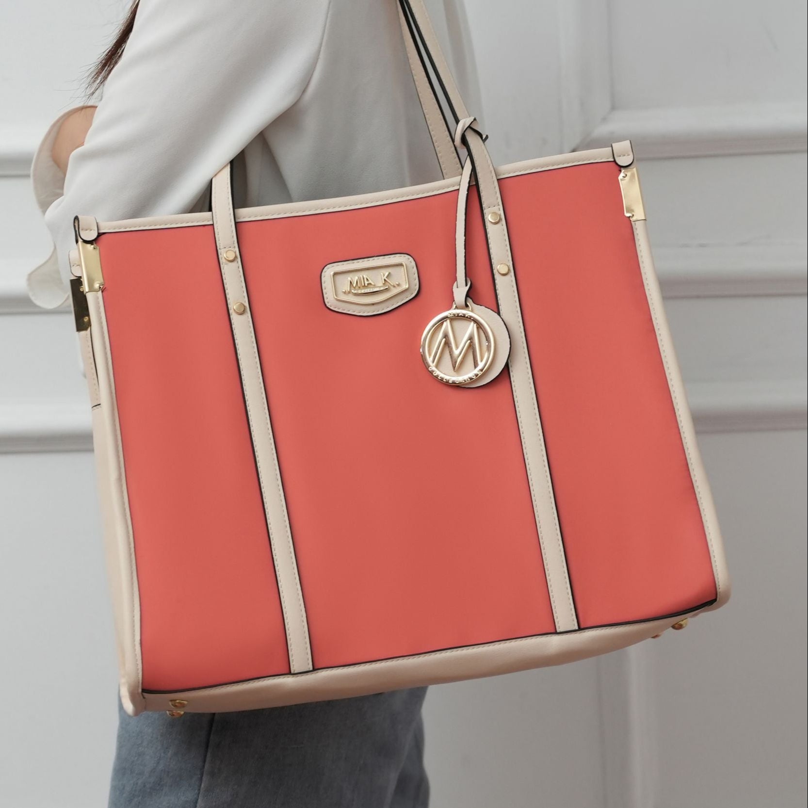 (peach ivory)Kindred Oversize Tote Vegan Leather by Mia k - BagNook