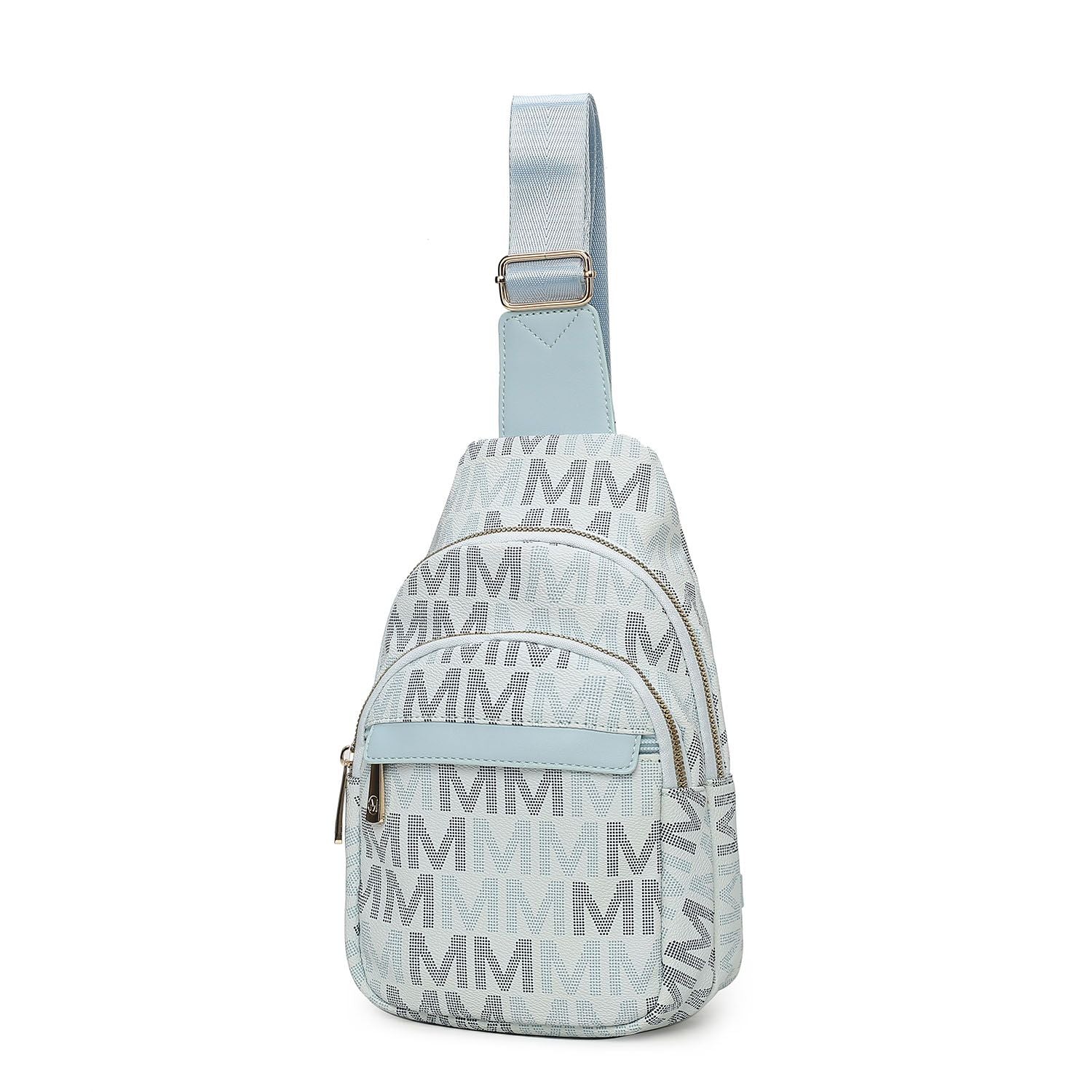 (light blue)Helaena M Logo Printed Vegan Leather Sling Bag by Mia K - BagNook