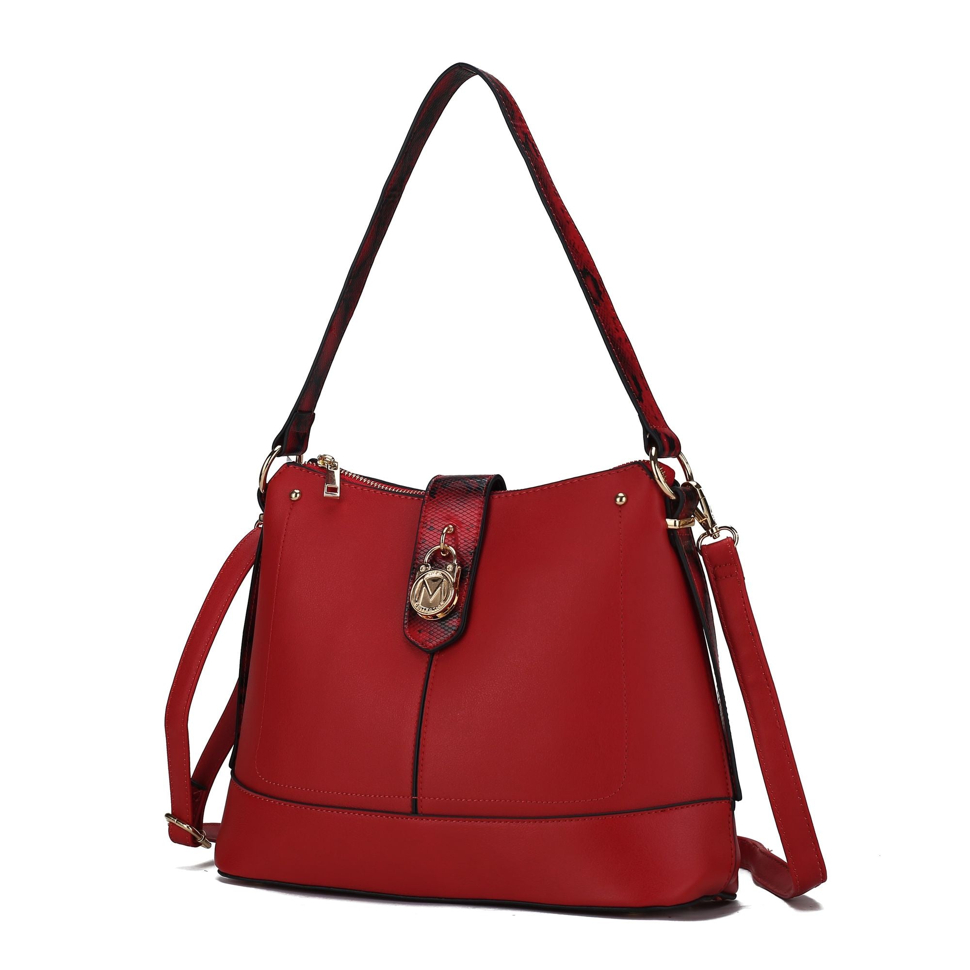 (red)Ezra Snake Embossed Shoulder Handbag by Mia K - BagNook