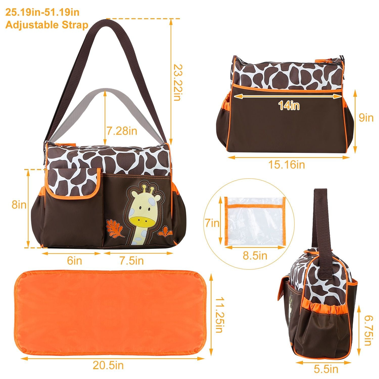 (giraffe_orange)Diaper Bag w/Changing Pad - BagNook