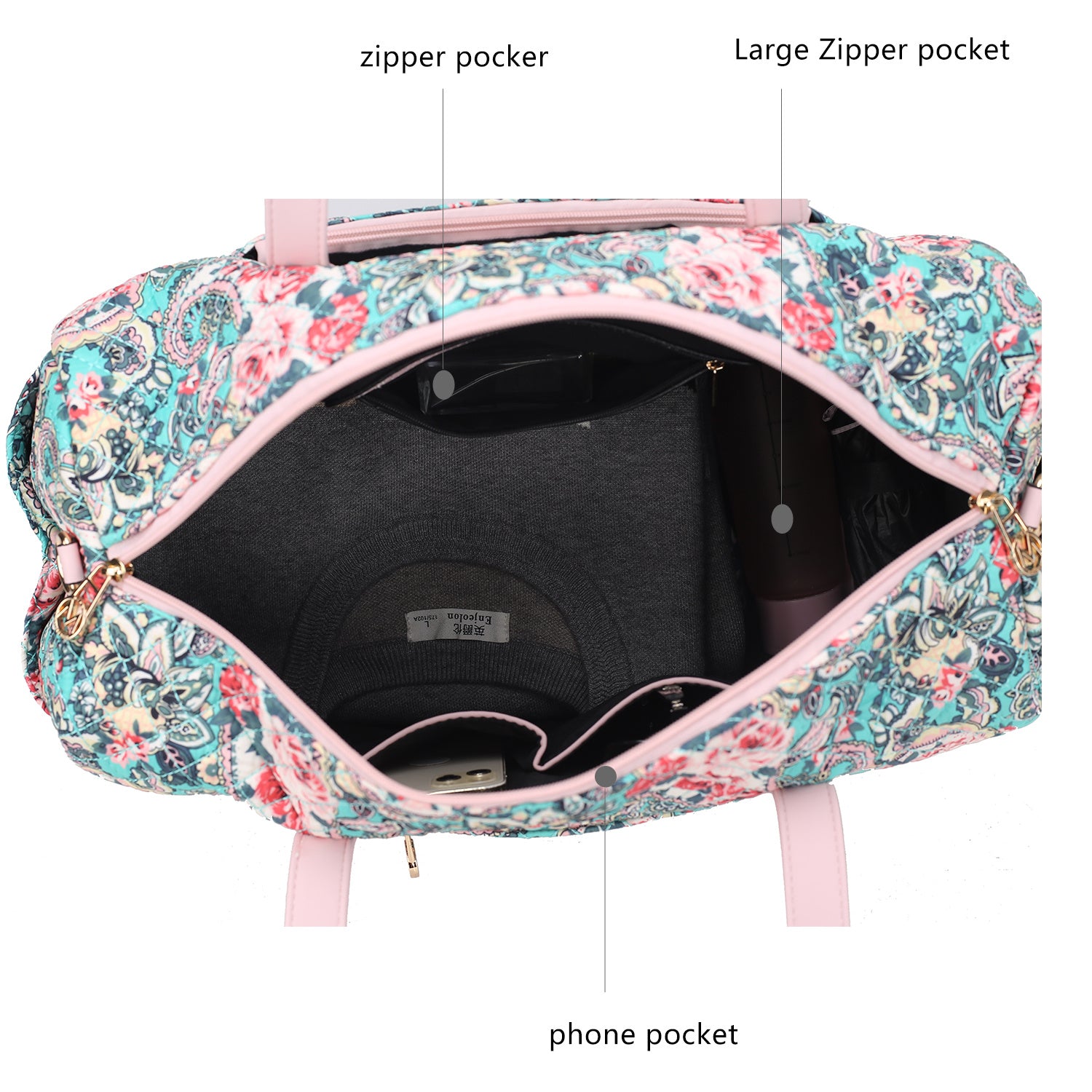 (green)Khelani Quilted Botanical Pattern Duffel Bag by Mia k - BagNook