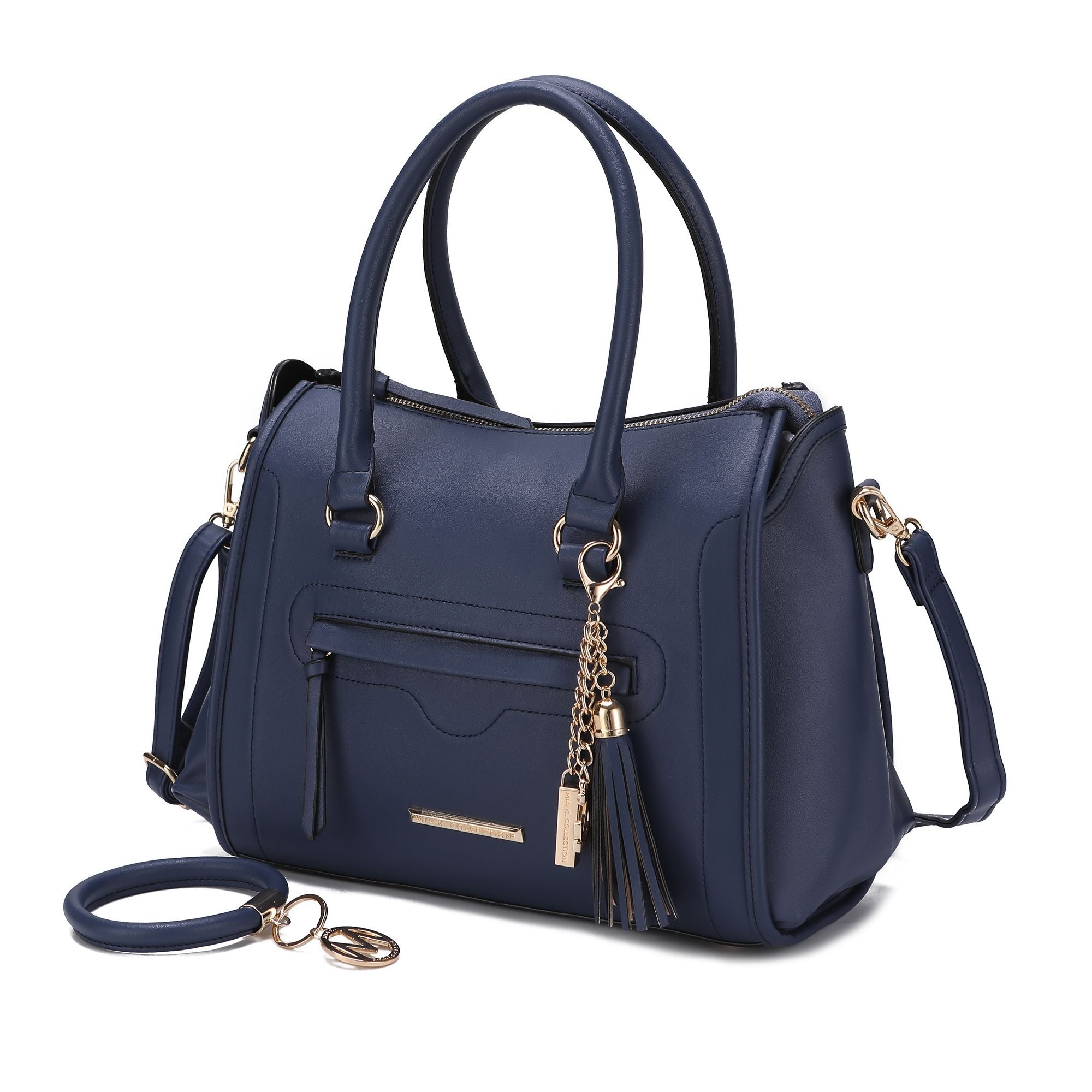 (navy)Valeria Satchel Handbag with Keyring by Mia K - BagNook