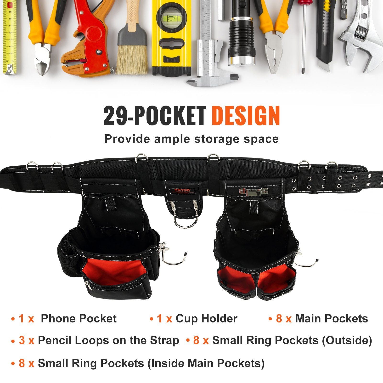 VEVOR Tool Belt with Suspenders, 29 Pockets - Fully Adjustable - Black - BagNook