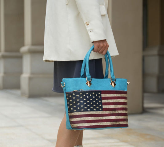 (turquoise)Lilian Vegan Leather Women FLAG Tote Bag by Mia K - BagNook