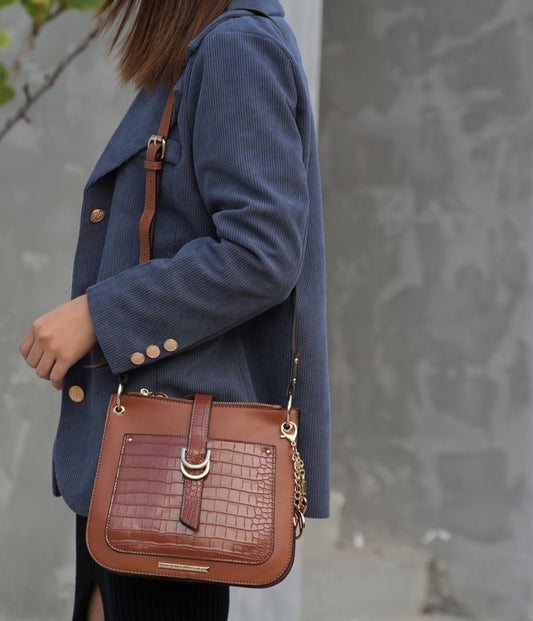 (cognac)Kiltienne Crossbody Handbag Vegan Leather by Mia K - BagNook