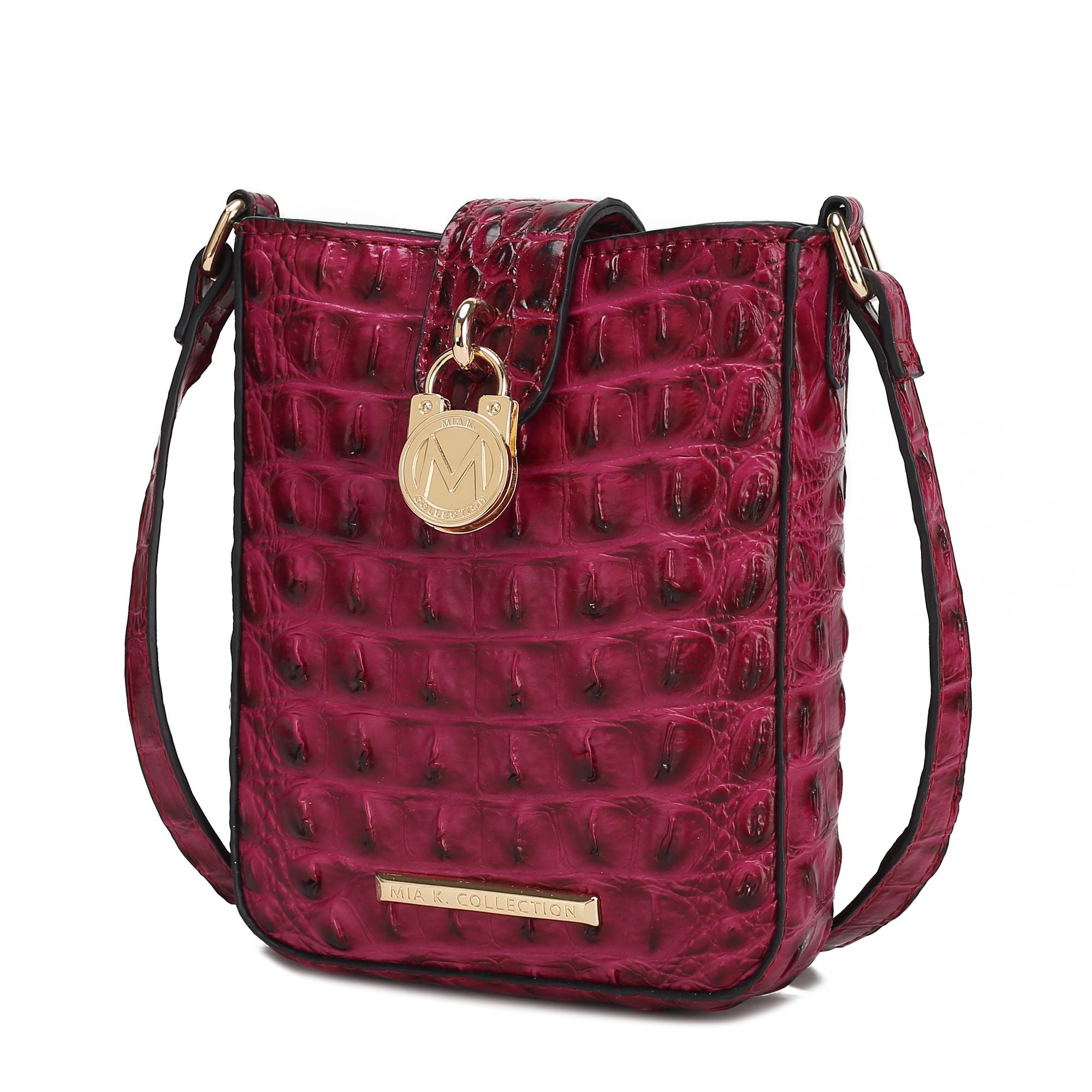 (fuchsia)Avery Faux Crocodile Embossed Crossbody by Mia K - BagNook