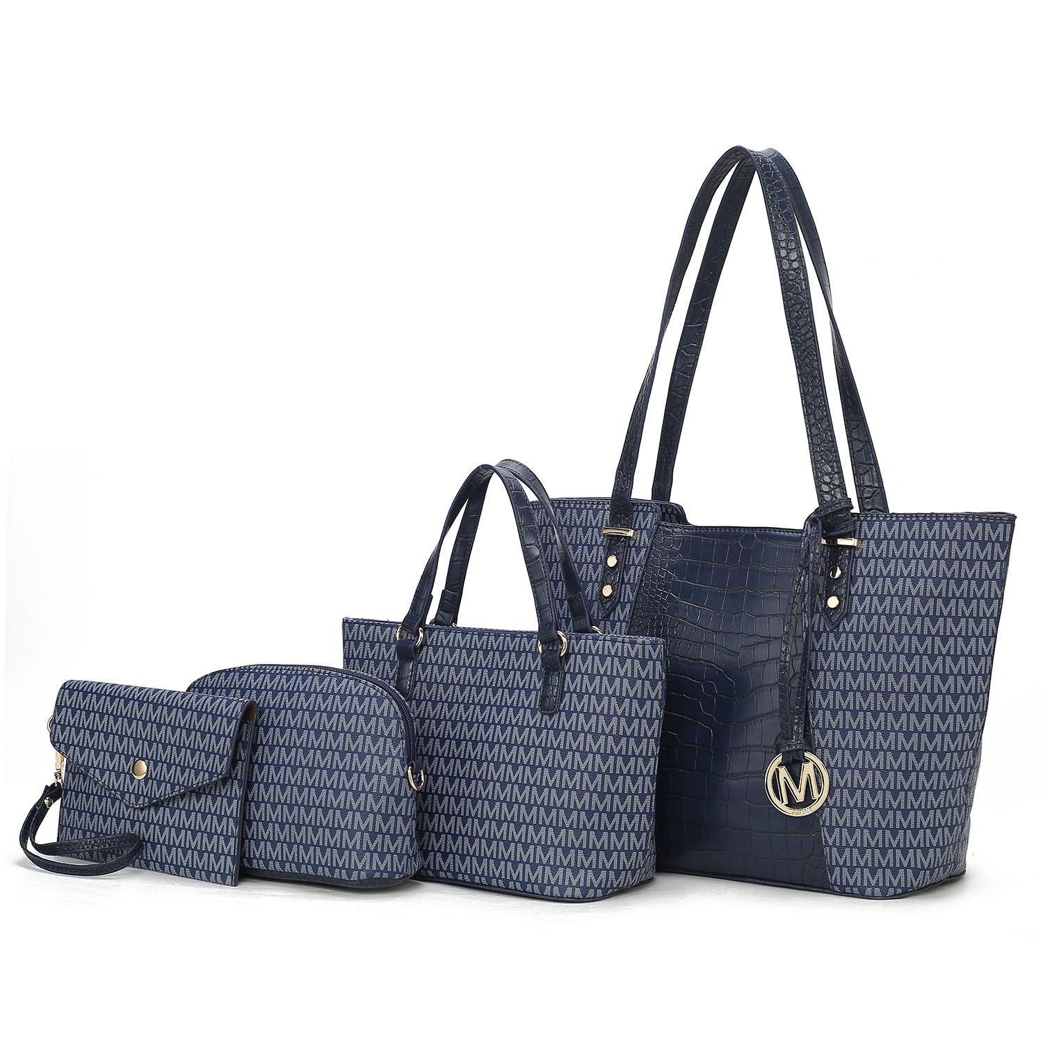 (navy)Lippa M Signature Crocodile Embossed Tote Set by Mia K - BagNook