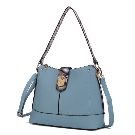(denim)Ezra Snake Embossed Shoulder Handbag by Mia K - BagNook