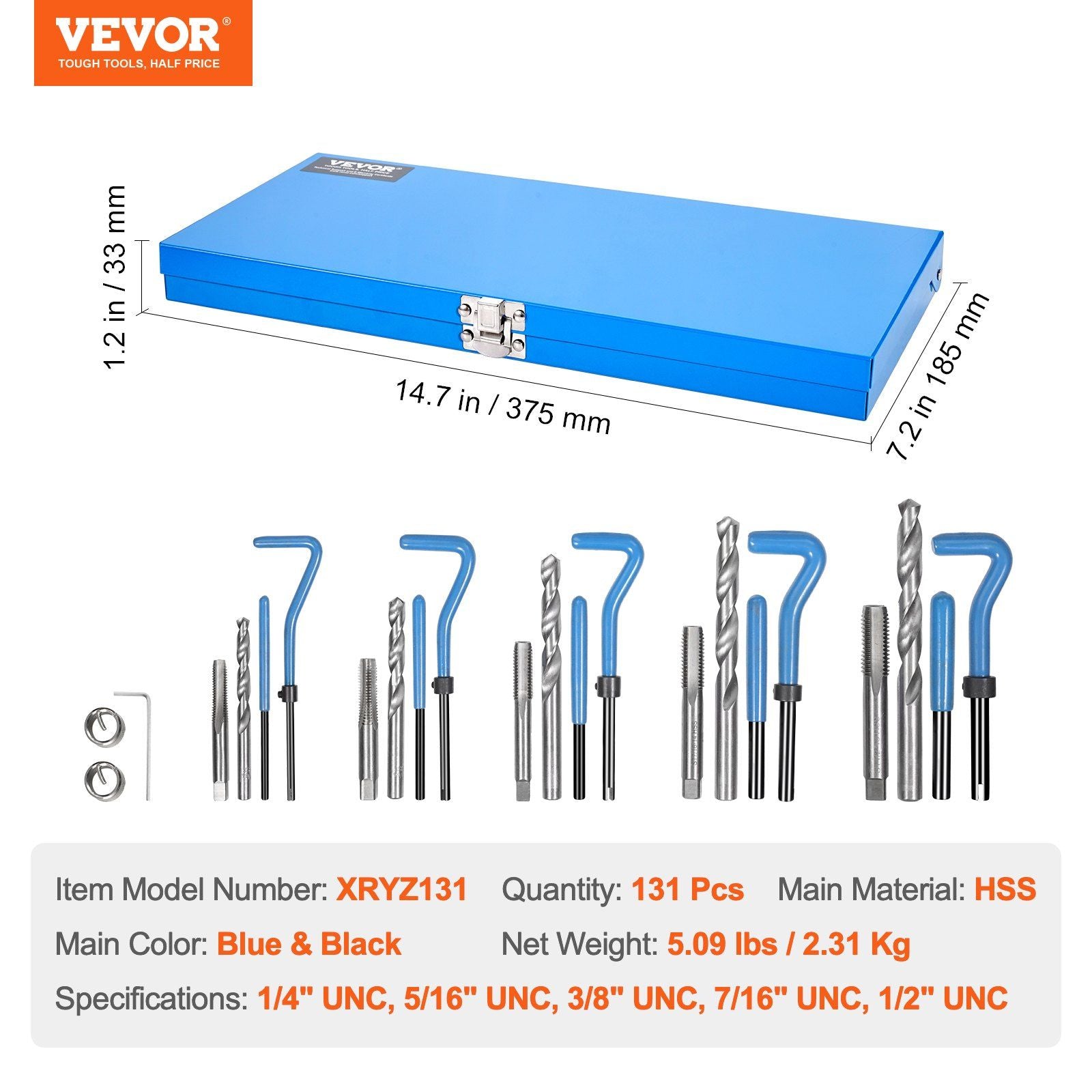 VEVOR 131 PCS Helicoil Thread Repair Kit SAE Tool 1/4 5/16 3/8 7/16 1/2 in UNC - BagNook