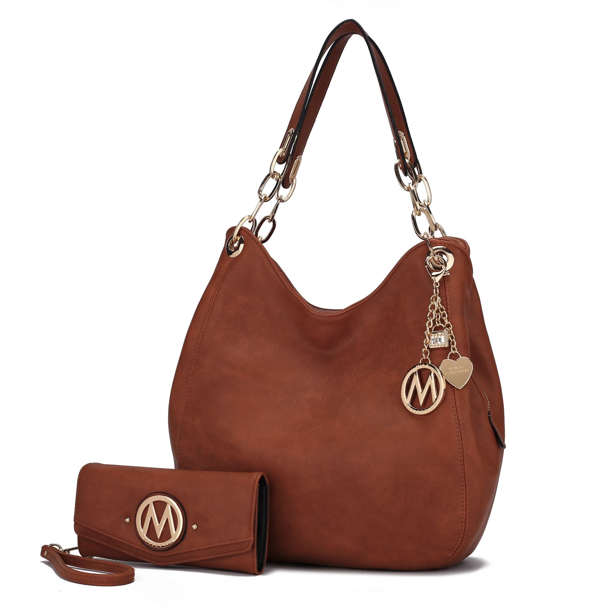 (cognac brown)Ashley Vegan Leather Hobo Bag with Wallet - 2 pieces by Mia k - BagNook