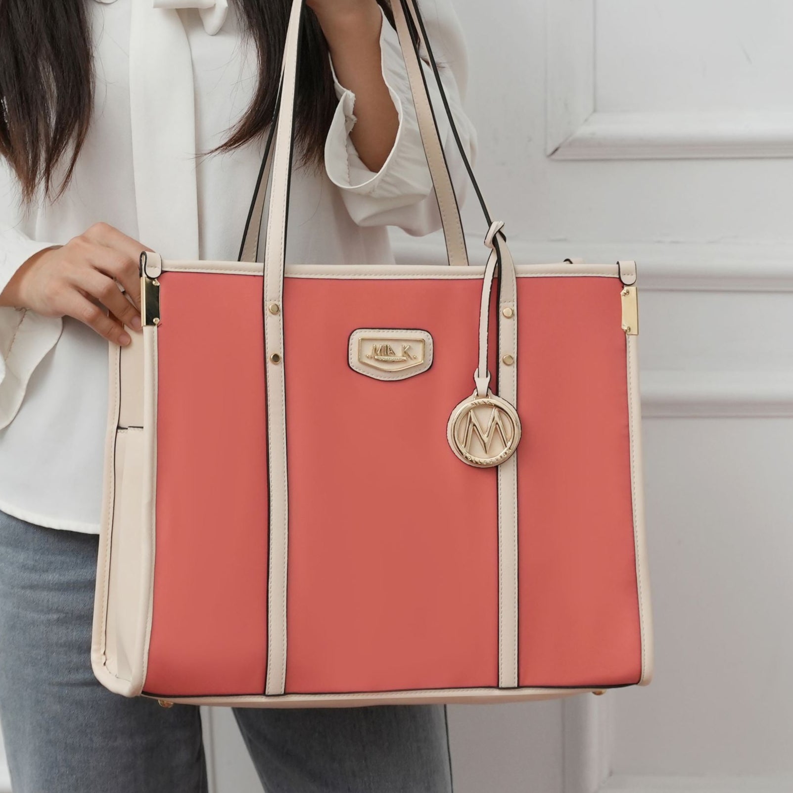 (peach ivory)Kindred Oversize Tote Vegan Leather by Mia k - BagNook