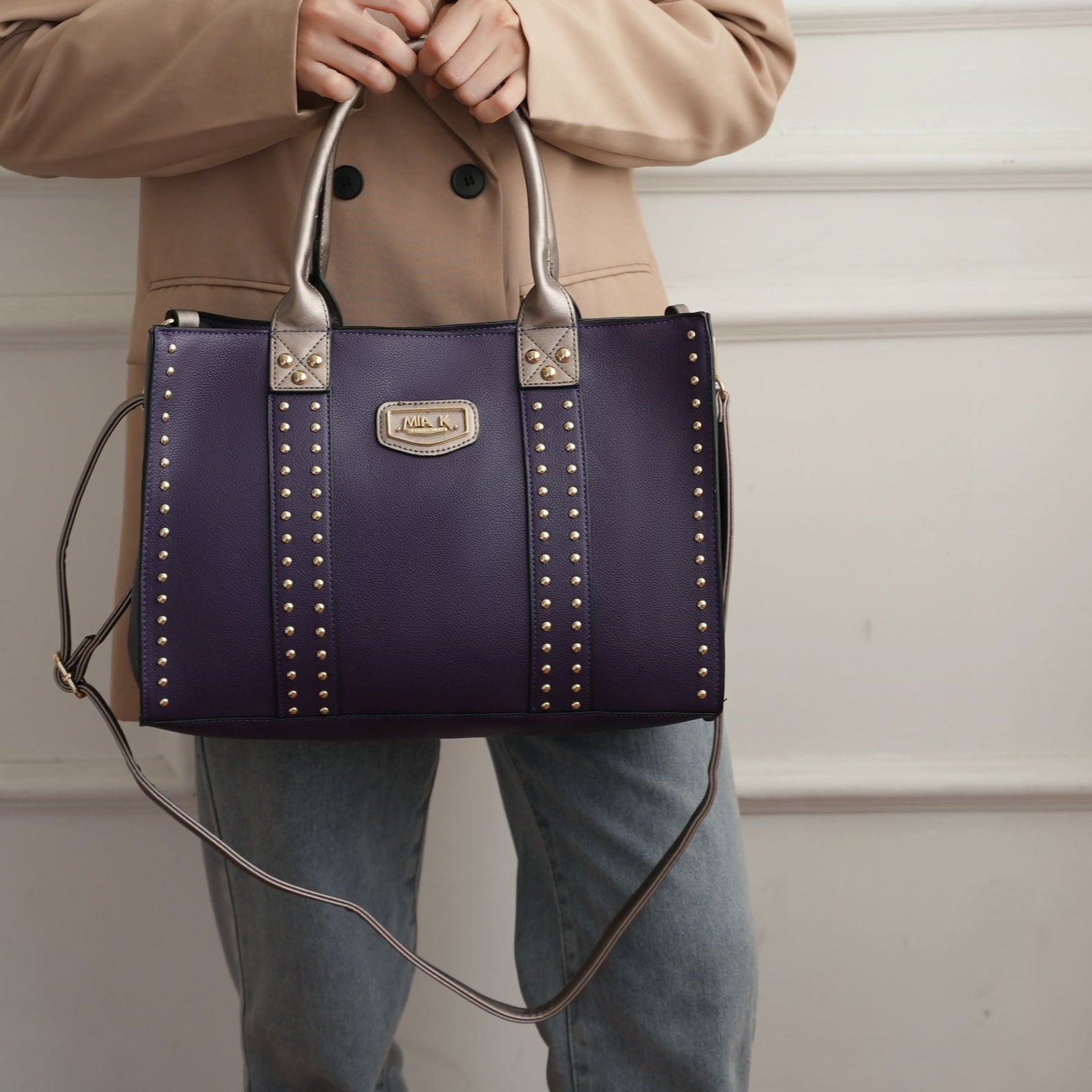 (purple)Davina Tote Set w/wallet her Crossover Womens Purse by Mia K - BagNook