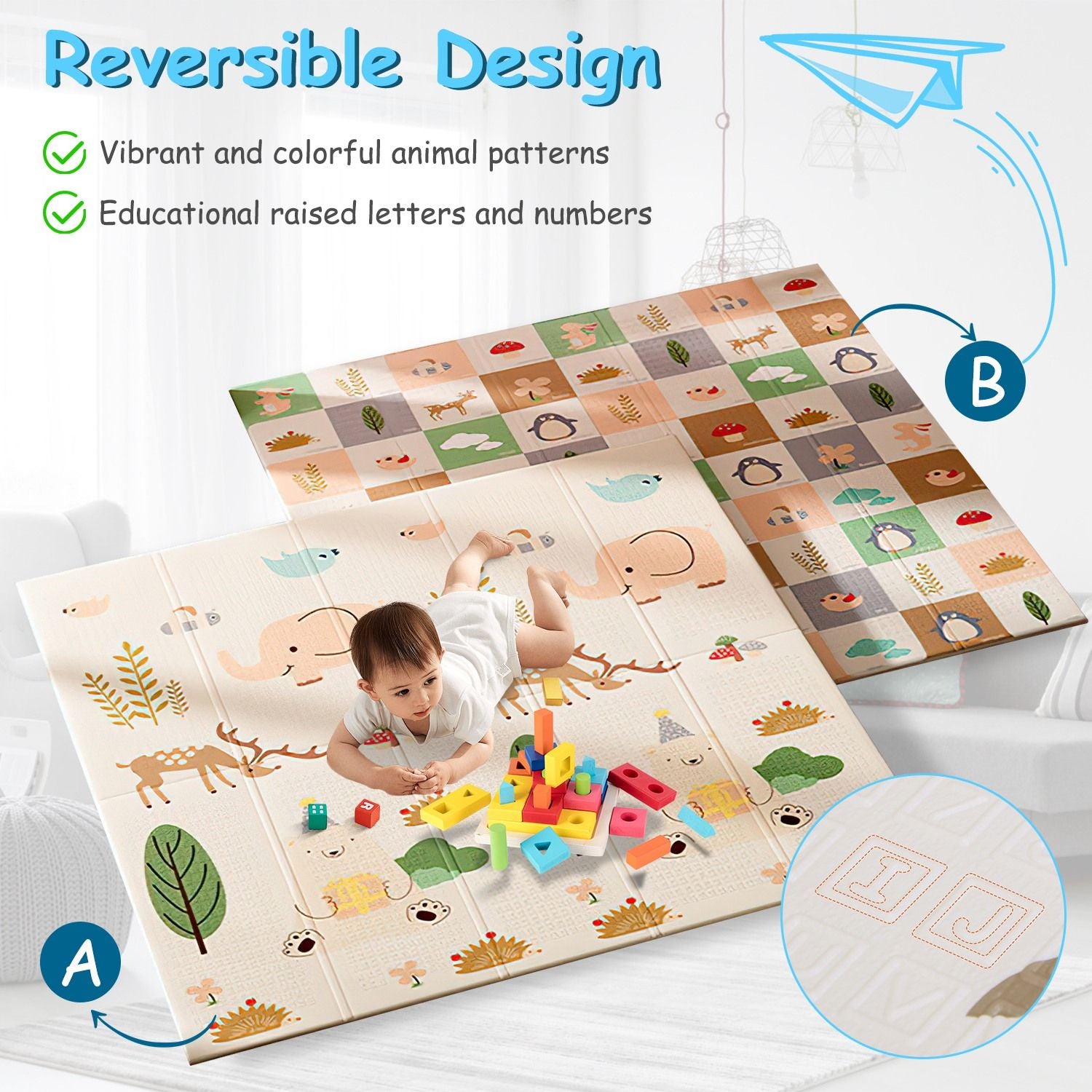 Foldable Baby Playmat - 5.9x6.5ft - Reversible - BagNook
