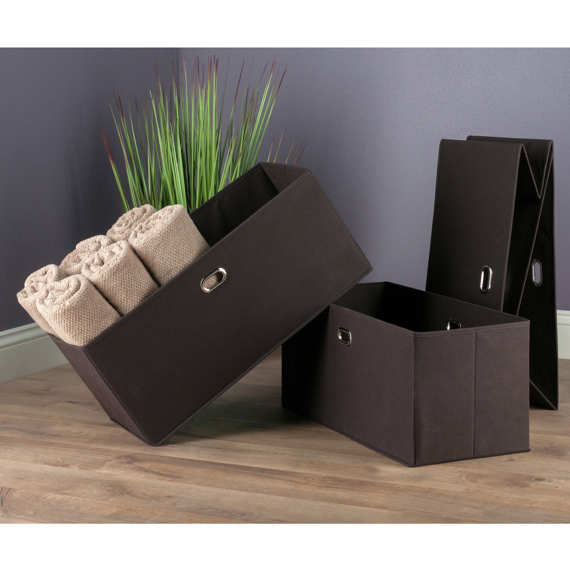 Torino 3-Pc Set Folding Fabric Baskets - Chocolate - BagNook