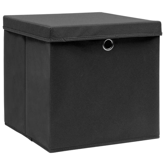 10 Foldable Storage Boxes with Covers (11 x 11 x 11) - Black - BagNook