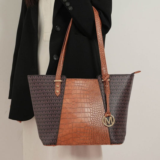 (brown)Lippa M Signature Crocodile Embossed Tote Set by Mia K - BagNook