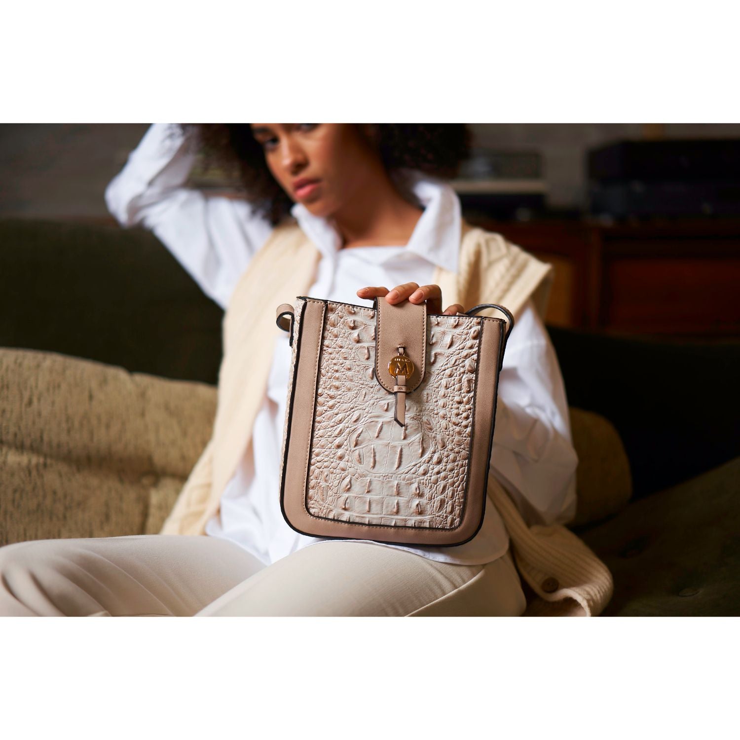 (beige)Molly Crossbody Phone Bag w/Snap Closure by Mia K - BagNook