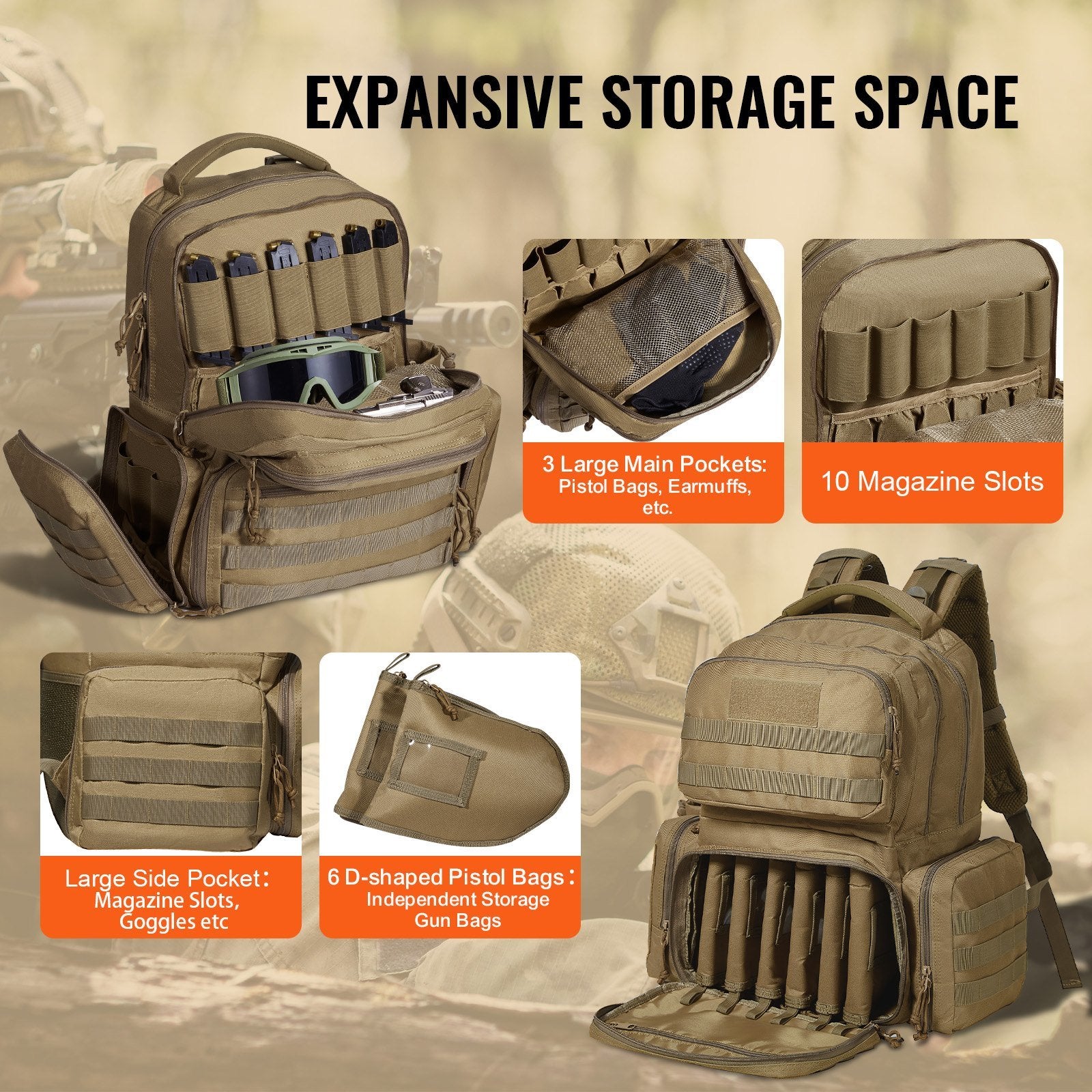 VEVOR Tactical Range Backpack for 6 Pistols - Brown - BagNook