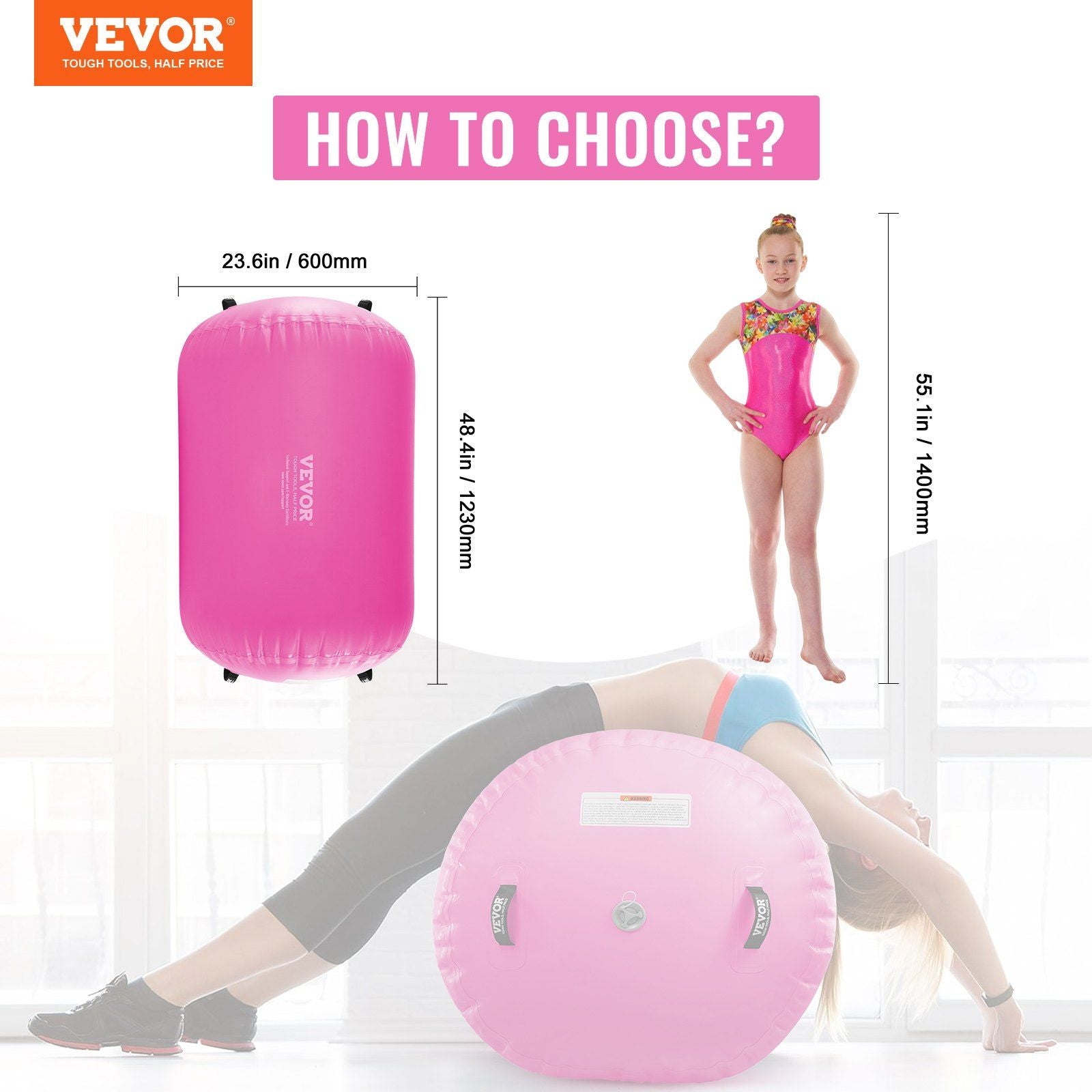 VEVOR Gymnastics Air Inflatable Barrel - 23.6 x 48.4", Pink - BagNook