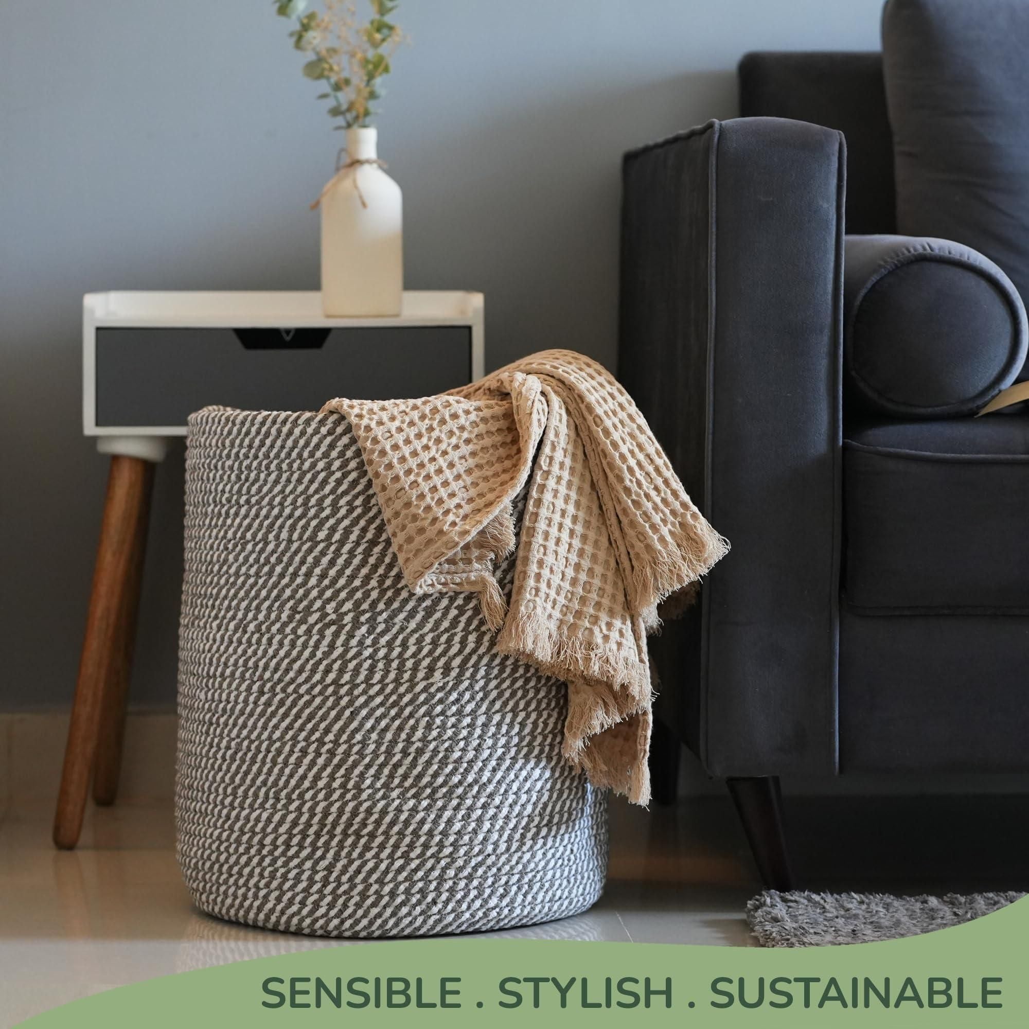 Recycled Cotton Laundry Basket - Woven Rope White Gray Mélange - BagNook