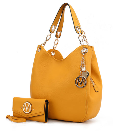 (mustard yellow)Ashley Vegan Leather Hobo Bag with Wallet - 2 pieces by Mia k - BagNook