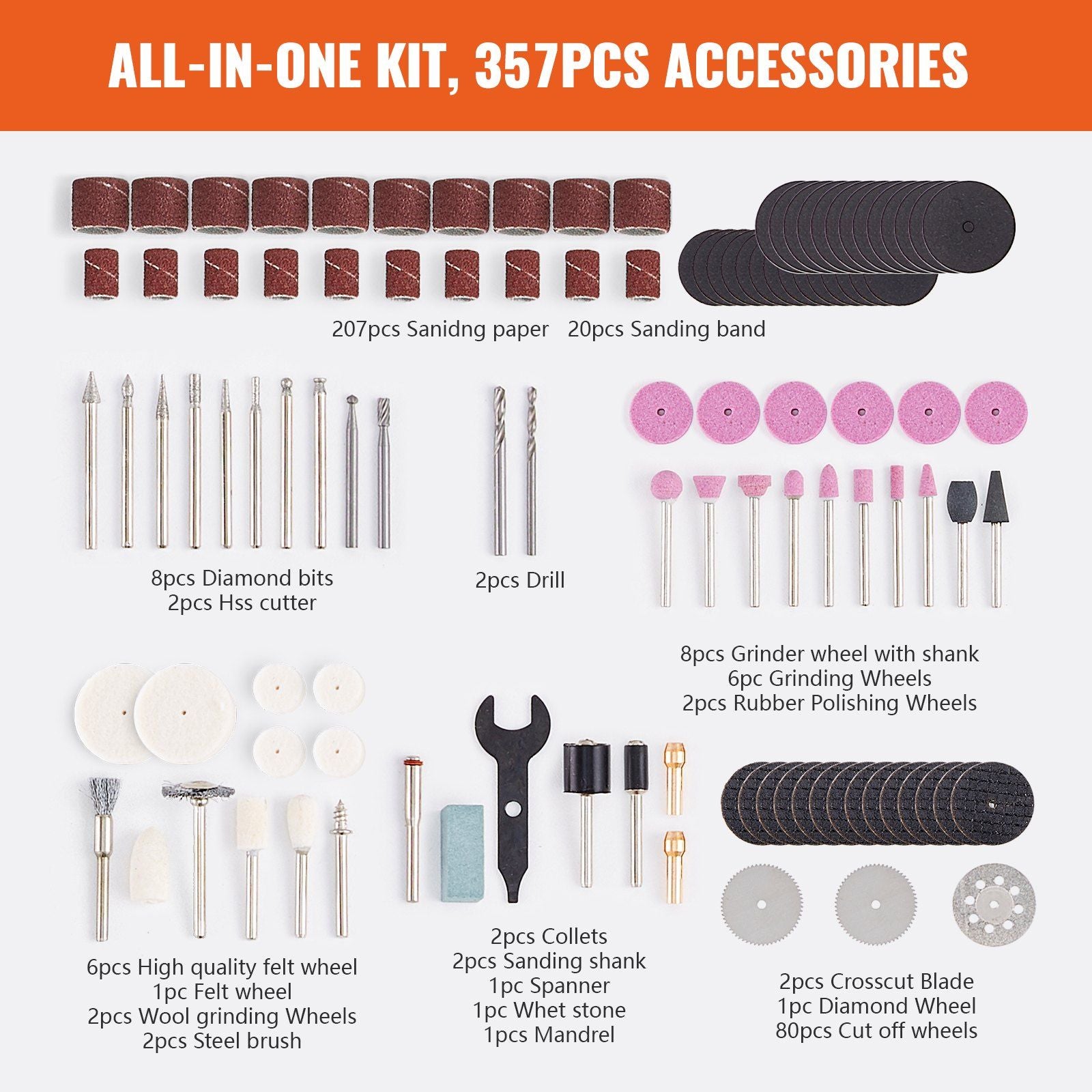 VEVOR All Purpose Rotary Tool Accessory Kit, 357pcs - 1/8"D Shanks - BagNook
