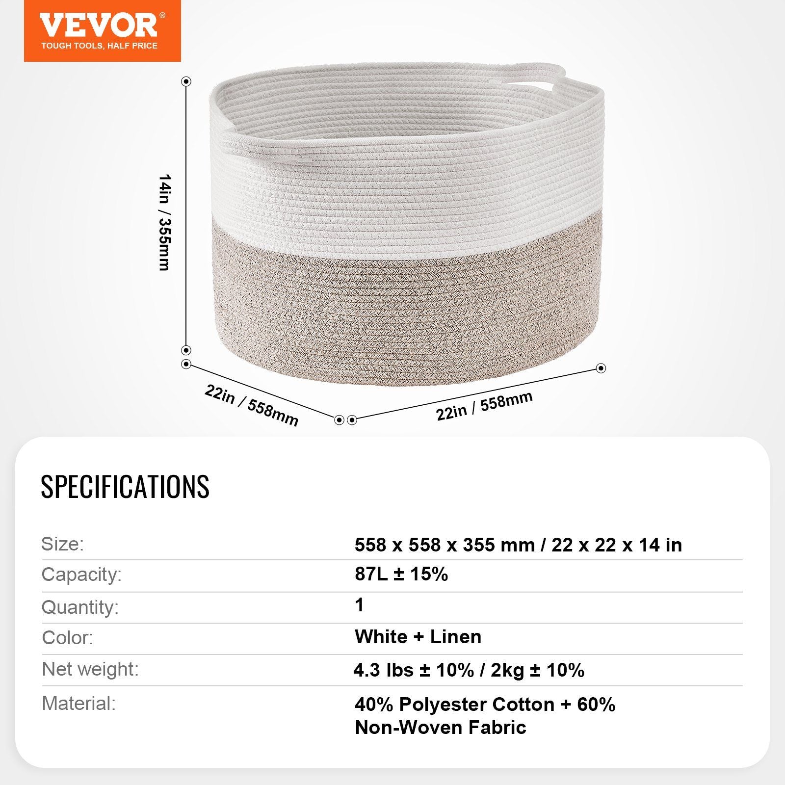 VEVOR Cotton Rope Storage Basket (22 x 22 x 14 in) 23gal Capacity - BagNook