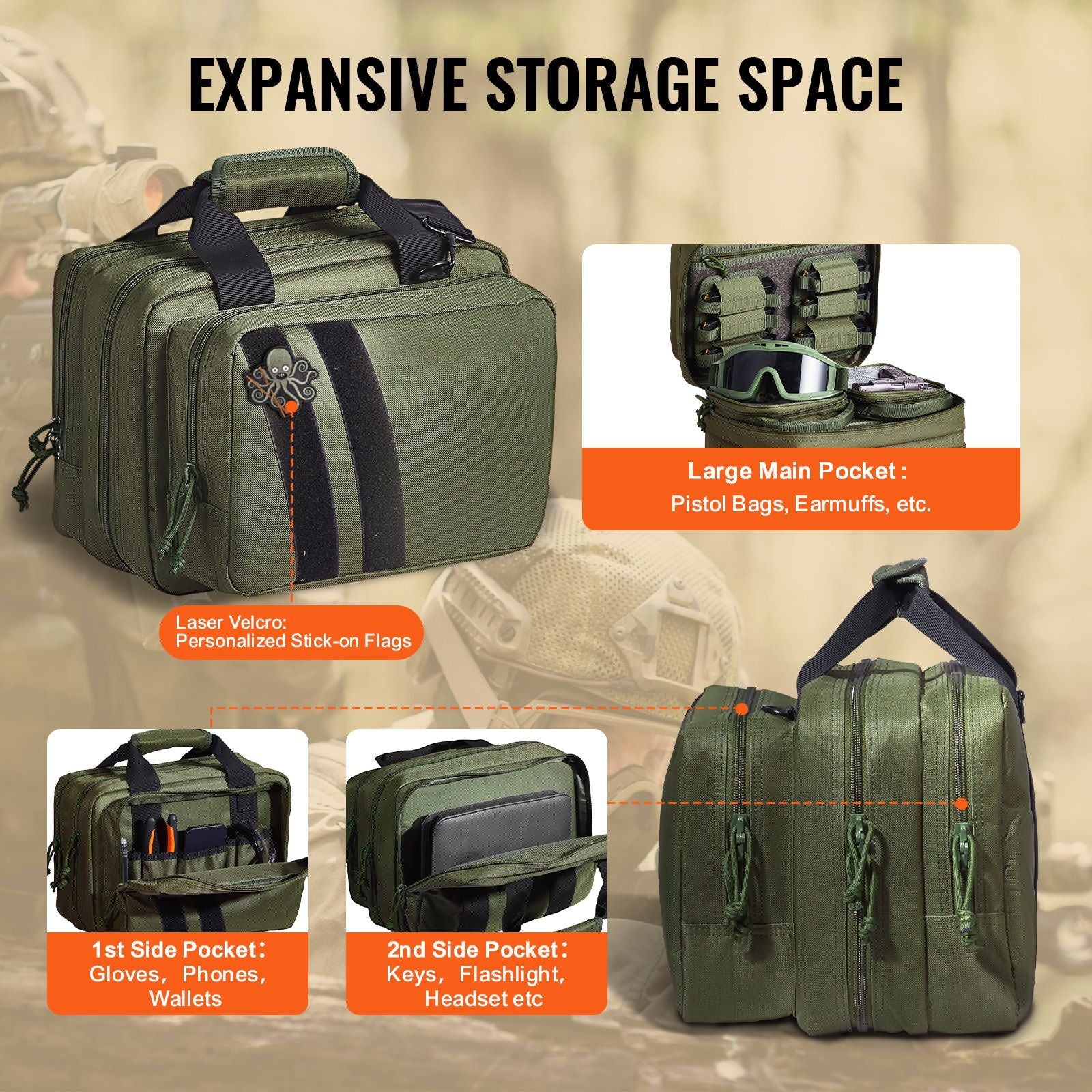 VEVOR Tactical Pistol Bag with 2 Pistol Cases - Green - BagNook