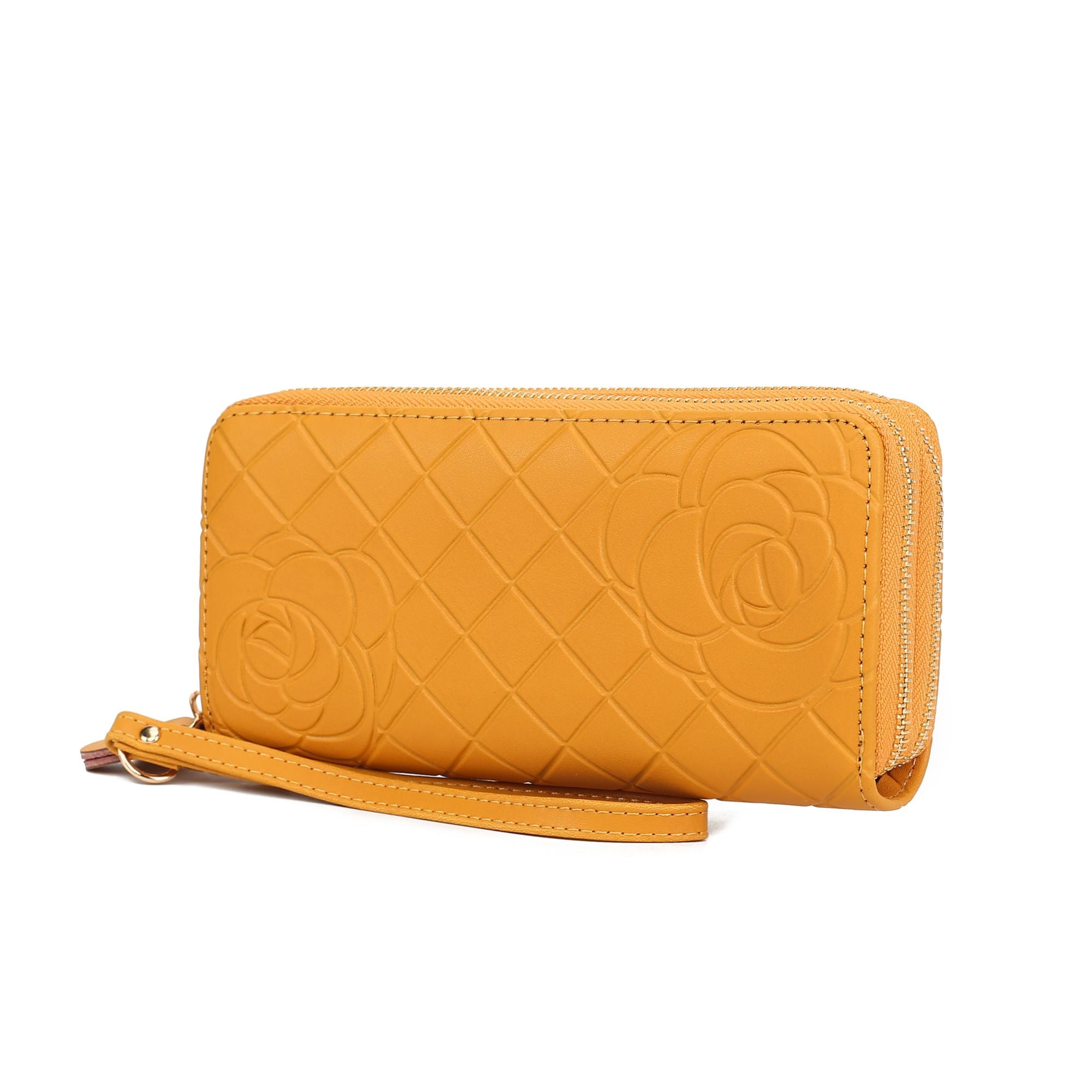 (mustard)Honey Leather Flower Embossed Wallet by Mia K - BagNook
