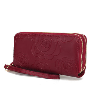 (burgundy)Ellie Vegan Leather Flower Embossed Wristlet by Mia K - BagNook