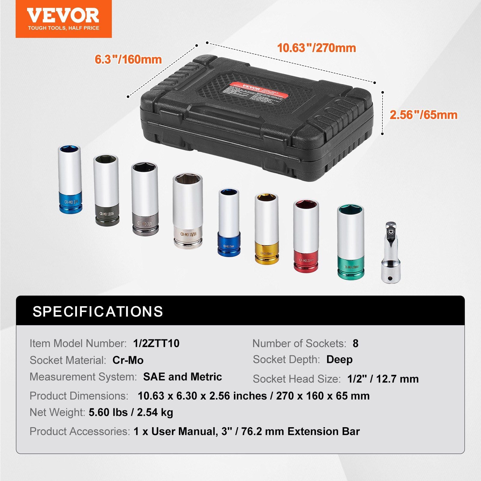 VEVOR Lug Nut Impact Socket Set 1/2 Metric and SAE 6pt Deep Socket - BagNook