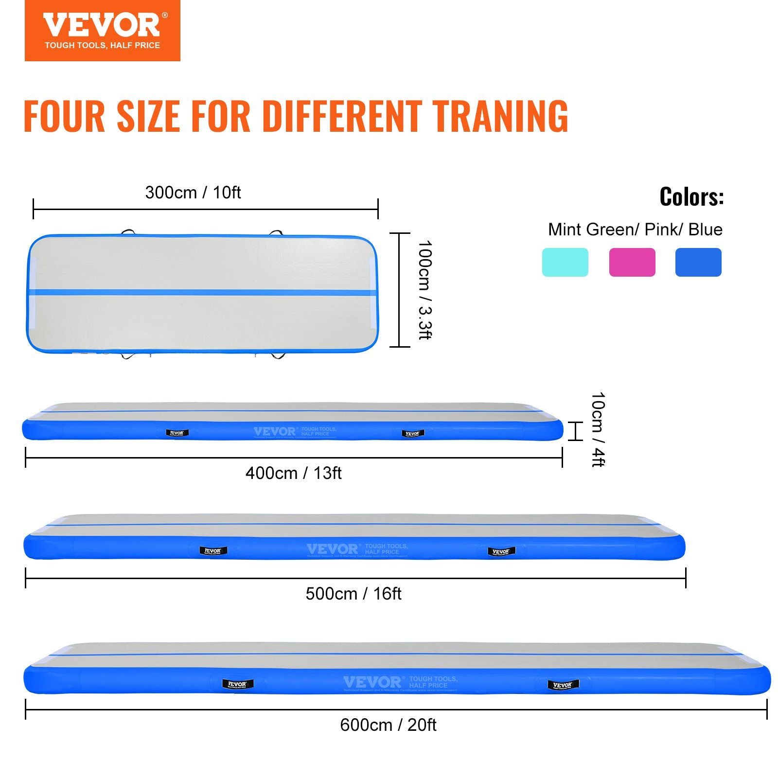 VEVOR Gymnastics Inflatable Air Mat, 4" Thick, 10ft Blue - BagNook