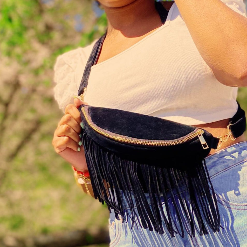 (black)Fringed Or Not Sling Bag w/ Detachable Fringe - BagNook