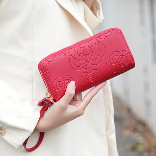 (red)Ellie Vegan Leather Flower Embossed Wristlet by Mia K - BagNook