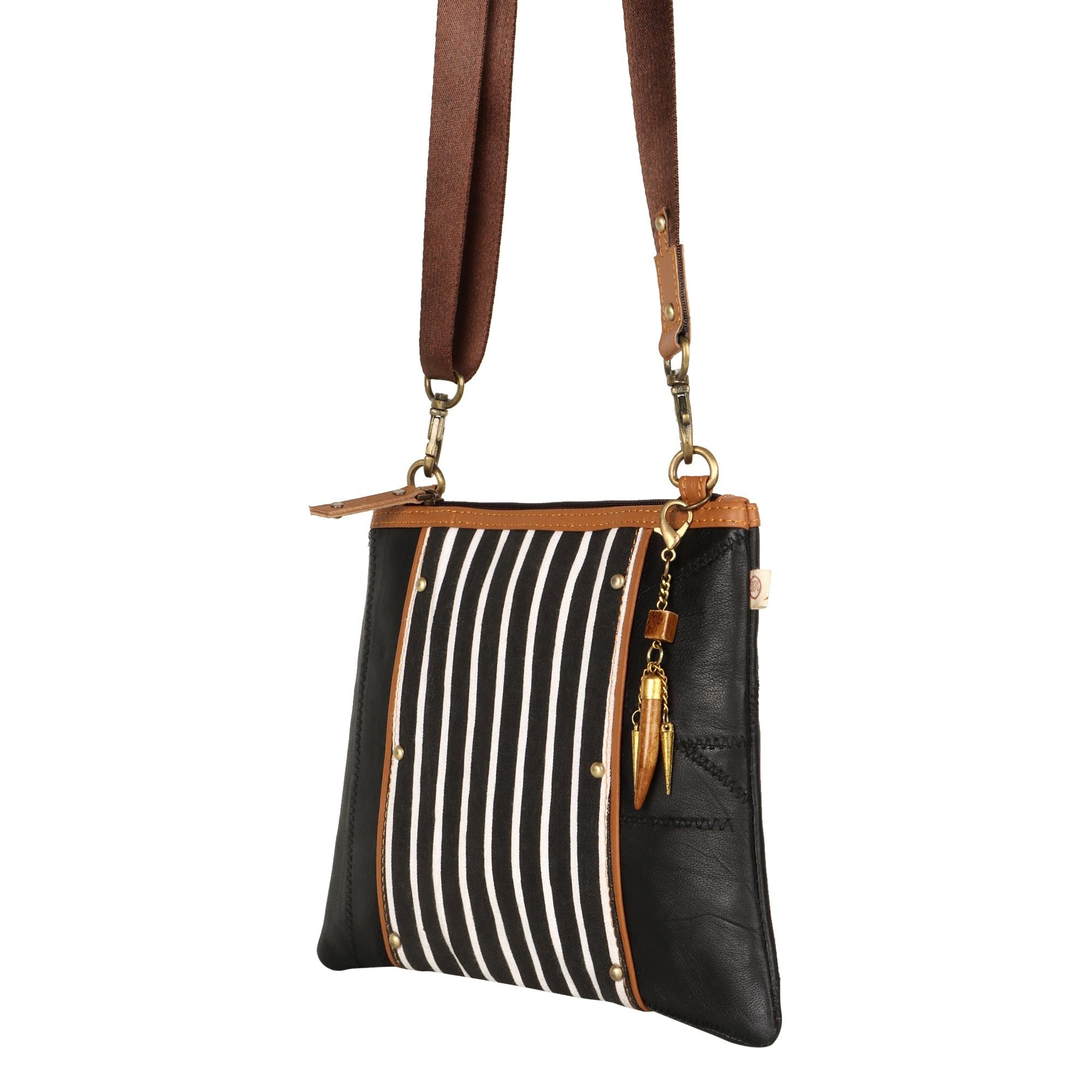 Noa Angled Crossbody Bag - Striped - Upcycled Leather/Canvas - BagNook
