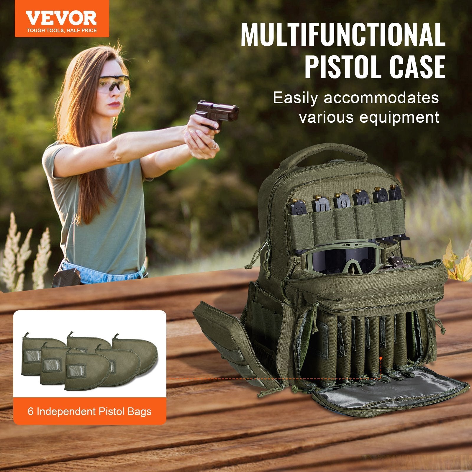 VEVOR Tactical Range Backpack for 6 Pistols - Green - BagNook