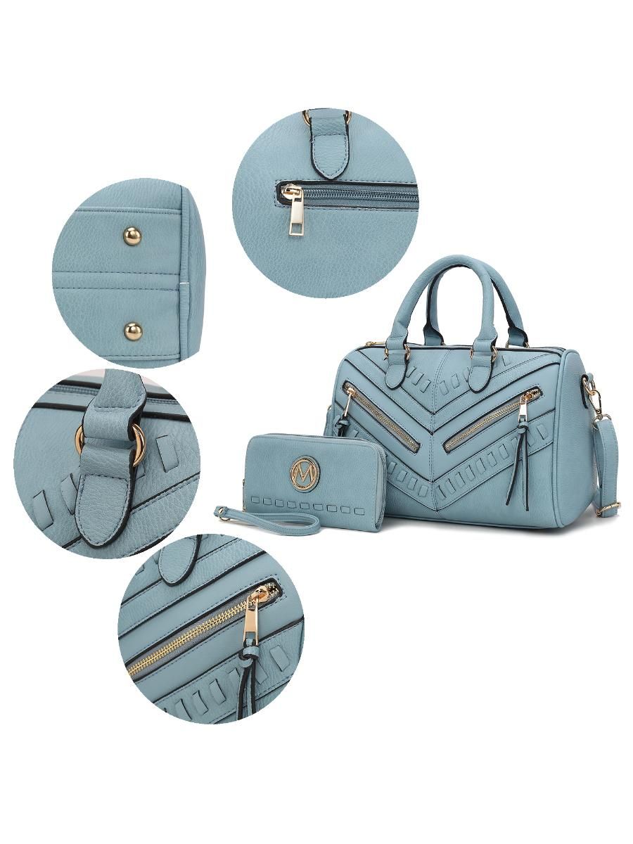 (denim blue)Lara Vegan Leather Satchel with Wallet by Mia k - BagNook