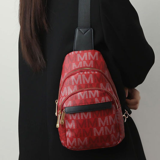 (burgundy)Helaena M Logo Printed Vegan Leather Sling Bag by Mia K - BagNook