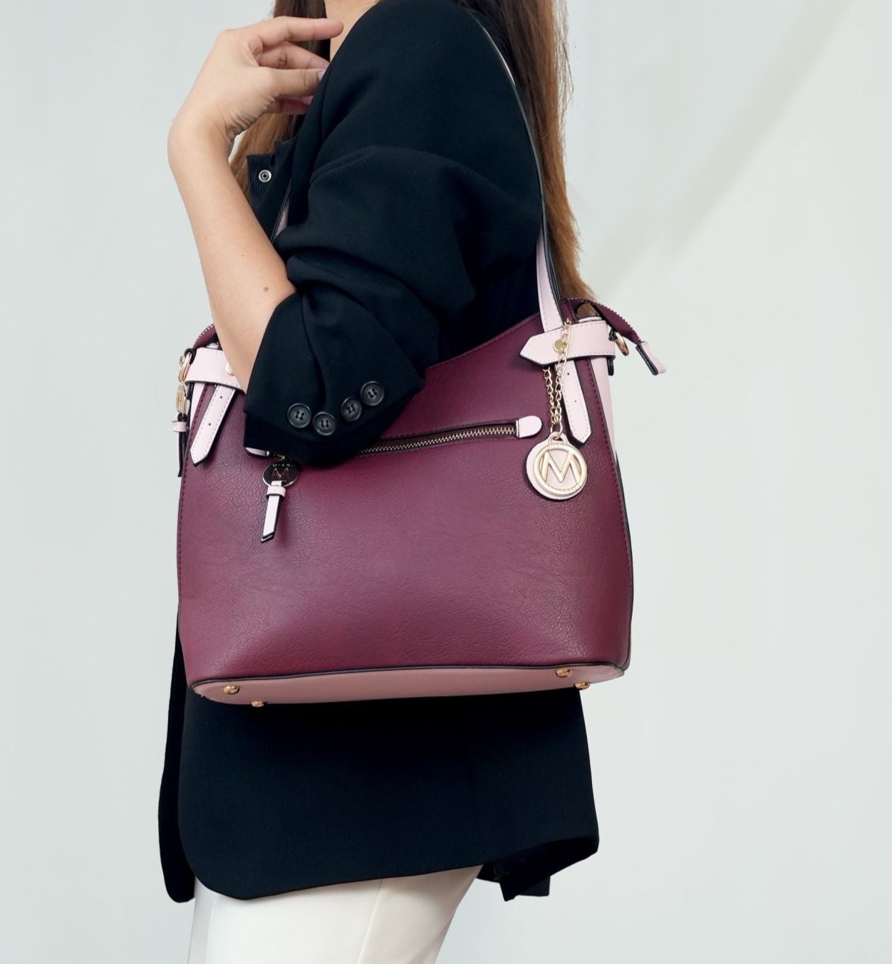(burgundy-blush)Jaseli Hobo with Wristlet Key Ring & card Holder by Mia k - BagNook