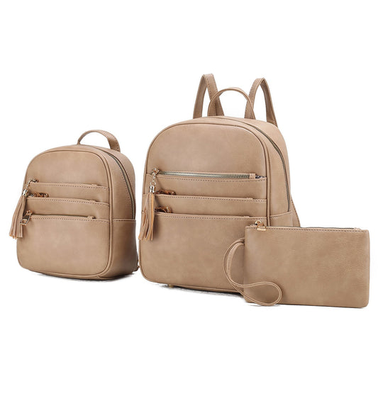 (tan)Roxane 3pc Backpack & Mini Backpack w/Wristlet by Mia k - BagNook