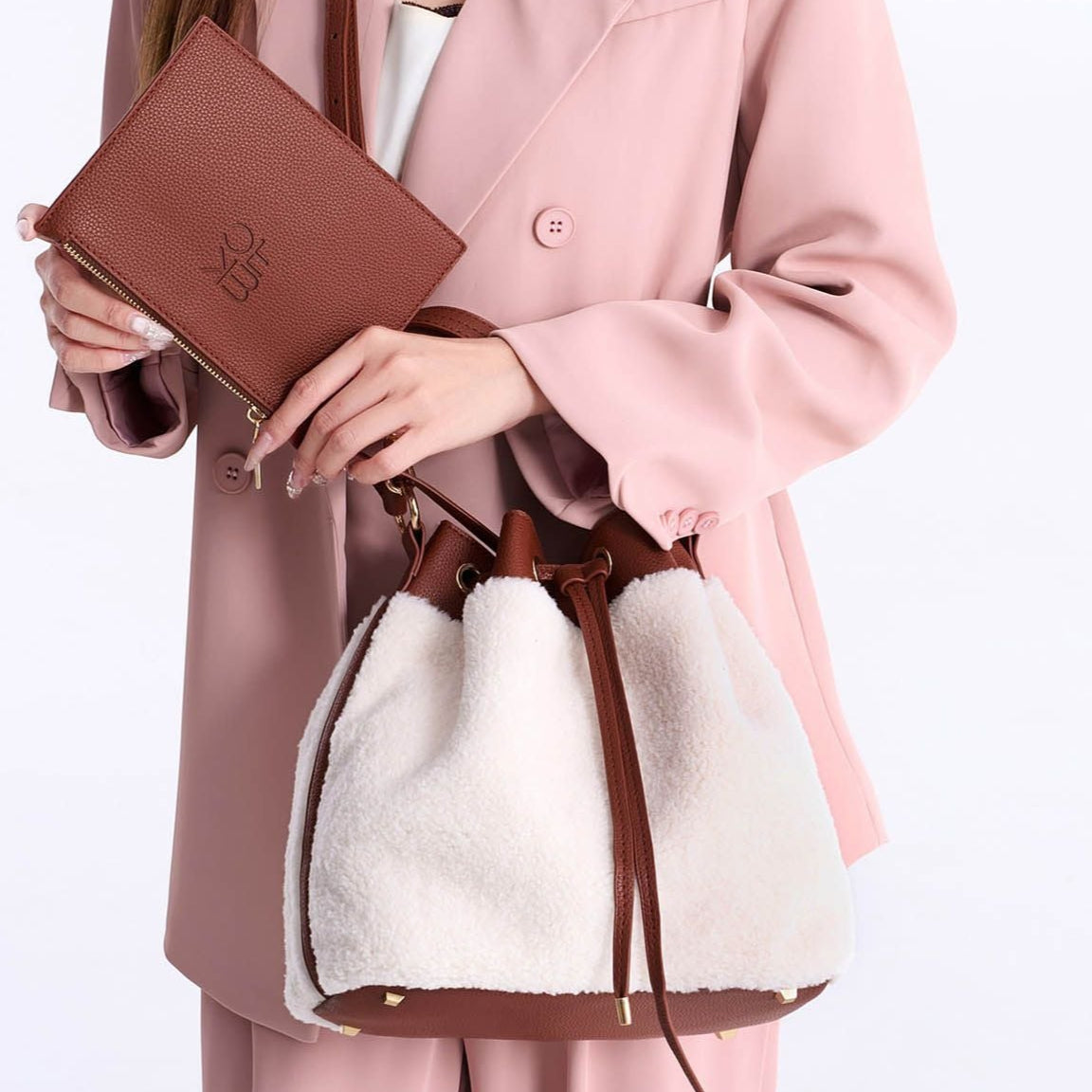 (brown)Saryn Bucket Hobo Faux Shearling by Mia K. - BagNook