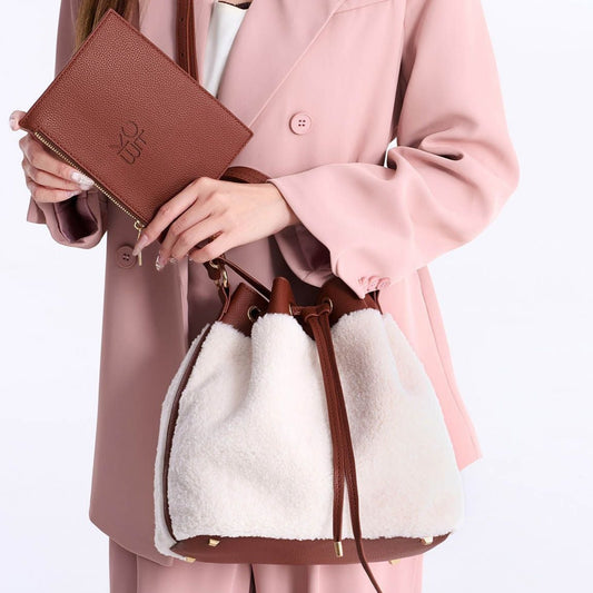 (brown)Saryn Bucket Hobo Faux Shearling by Mia K. - BagNook