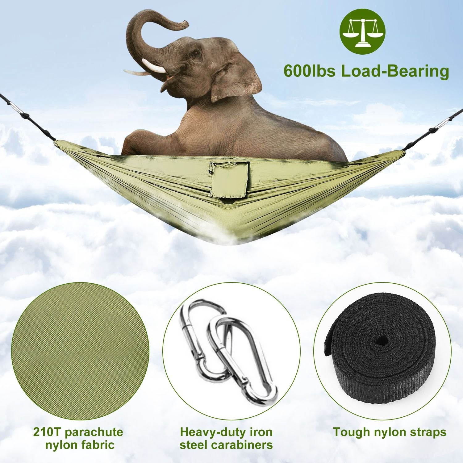 (armygreen)Camping Hammock with Mosquito Net, 2 person - BagNook