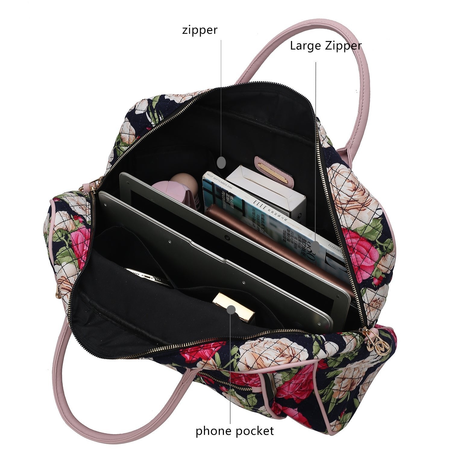 (navy blue)Jayla Quilted Botanical Pattern Duffel Bag by Mia k - BagNook