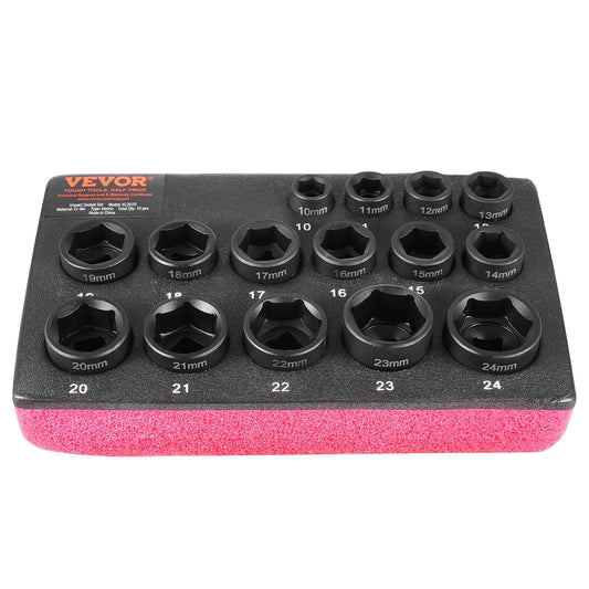 VEVOR Impact Sockets Set 15pcs 6-Point 3/8" Drive Bit Ratchet Tool Kit Case - BagNook